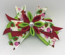 Red Green Pink Ladybug Kanzashi Flower Jeweled Layered Hair Bow 4 1/2"