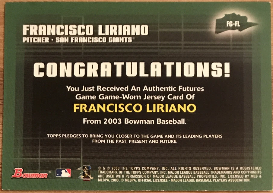 Camiseta deportiva Bowman Futures Game Gear 2003 reliquias Francisco Liriano FG-FL Foto 2 de 2