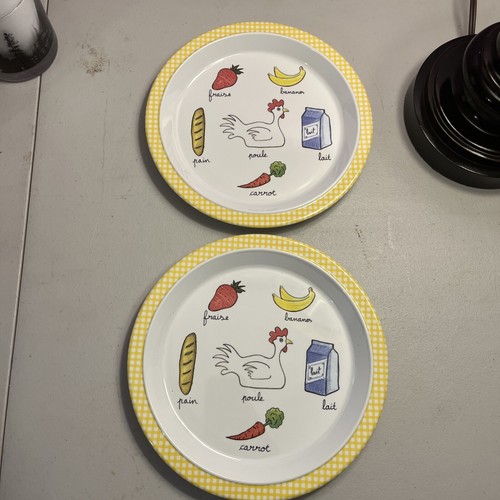 Lot Of 2 Baby Cie 8.5” Plates French Words Food Yellow White Gingham