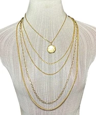 NOS 70'S Multi Strand Shiny Goldtone Locket Statement Necklace Chain Link PP1647