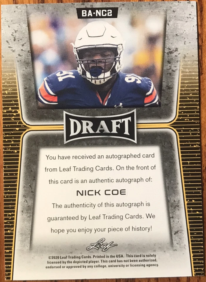 2020 Leaf Draft Flash Autographs GOLD Nick Coe #BA-NC2 Auburn Tigers - Image 2 of 2