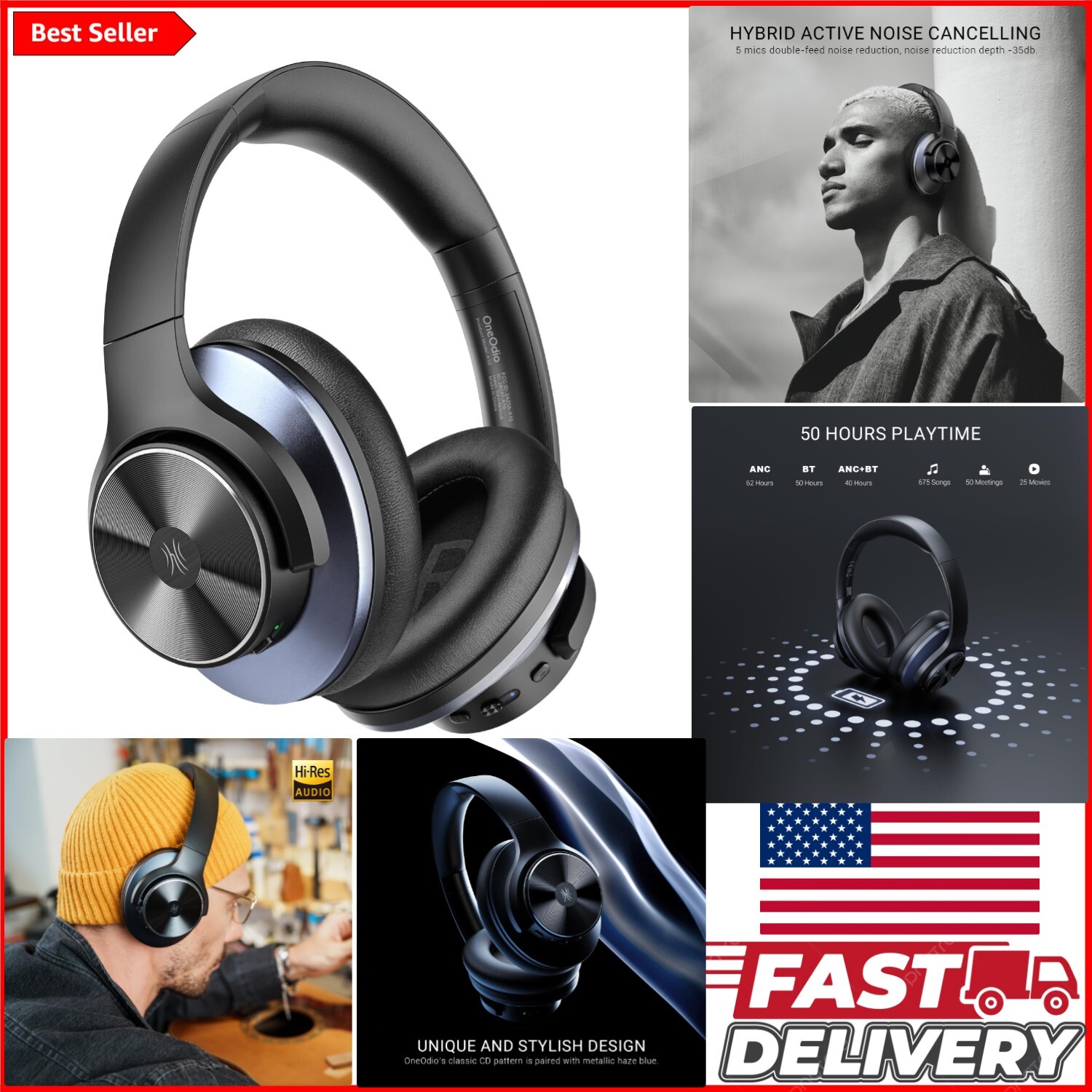 A10 Foldable Bluetooth Headphones with Hybrid Noise Cancelling - Travel Ready