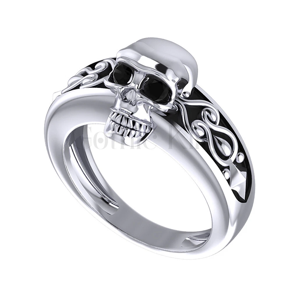 Vintage Round Black Lab Created Mens Skull Engagement Ring 14K