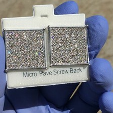 Big 20mm Square Earrings Iced Flooded Out CZ Silver Tone Screw Back Micro Pave