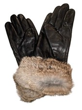 Ladies Fur Cuff Genuine Leather Gloves,Black,Medium