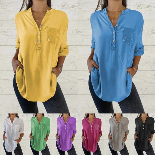 Womens Baggy T-Shirt Tunic Tops Ladies Summer Loose Long Sleeve Blouse Plus Size - Picture 14 of 28