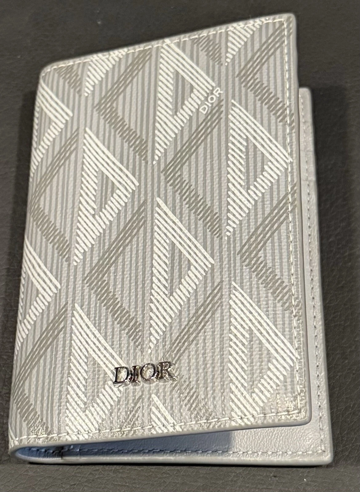 Porte cartes double pli Dior toile de coton enduite grise avec CD impression diamant