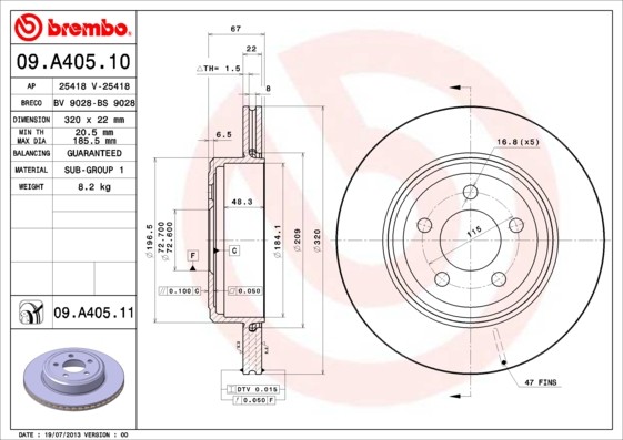 Disque de frein BREMBO 09.A405.11 pour CHRYSLER et DODGE - Pack de 2