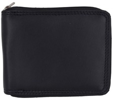 Men's Zipper RFID Blocking Premium Leather Zip-Around ID Bifold Wallet Black