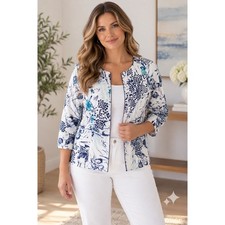 Coldwater Creek Jacket Womens 16 White Floral Excellent Open Front Art To Wear
