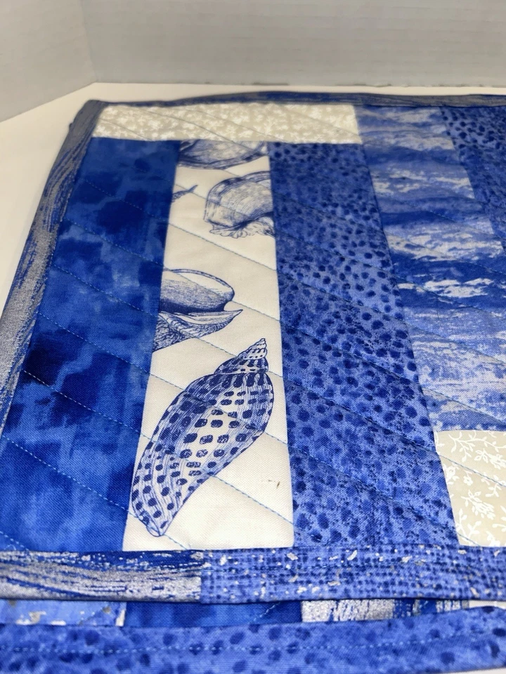 Beach Theme Placemats 4 White Blue SilverQuilted NEW Handmade Patchwork Shells - Image 2 of 4