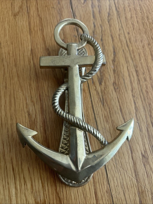 Vntg Solid Brass Anchor Door Knocker - Rope Trident Nautical 4.5w x 7.5”h