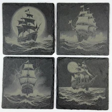 Pirate Ship Slate Coaster Set of 4 – Engraved Nautical Drink Coasters with