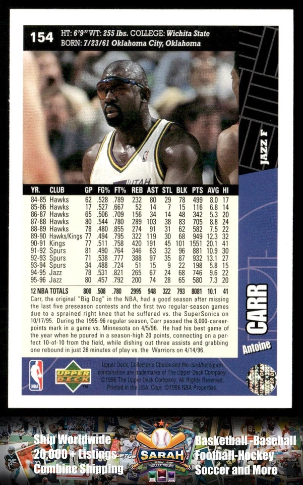1996-97 Collector's Choice #154 Antoine Carr Utah Jazz - Image 2 of 2