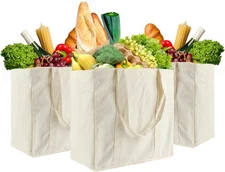 3 Pcs Grocery Bags Canvas 13.3”x13”x8” Reusable Shopping Bags with Real Po