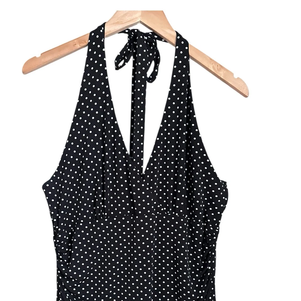 Vestido halter Eliza J para mujer 14 negro blanco lunares elástico fruncido adelgazante Y2K Foto 2 de 4