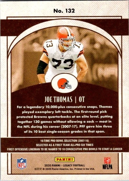 2020 Panini Legacy Legends Red /299 Joe Thomas #132 Cleveland Browns HOF Card - Image 2 of 2