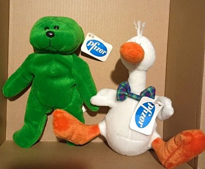 Pfizer Promotional Plush Advertising Beanie Green Bear & White Duck w/ Tags