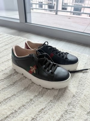 Gucci Black Leather Low Top Lace-Up Sneakers Green/Red Web Bee White Sole