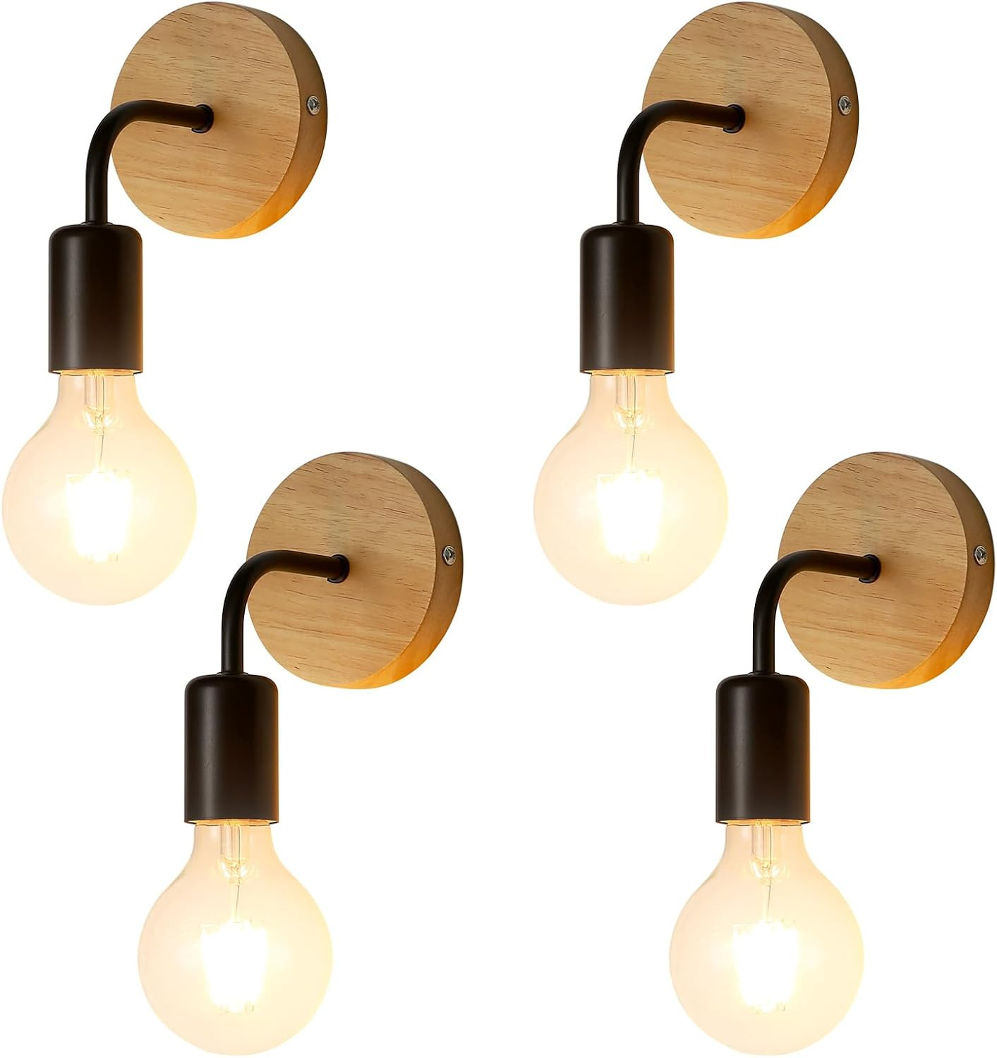 4 Pezzi Interni Parete Luce, Vintage Legno Metallo Design, E27 Illuminazione Int