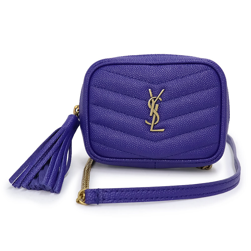 SAINT LAURENT PARIS Baby Lou Borsa a Catena con Frange Pochette in Pelle Blu 635088