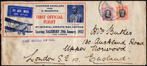 665 CUBIERTA DE PRIMER VUELO DE RHODESIA DEL SUR AL REINO FFC 1932 IMPERIAL AIRWAYS
