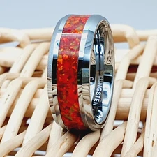 Silver Tungsten Opal Wedding Ring Red Fire Opal Inlay High Polished Wedding Band