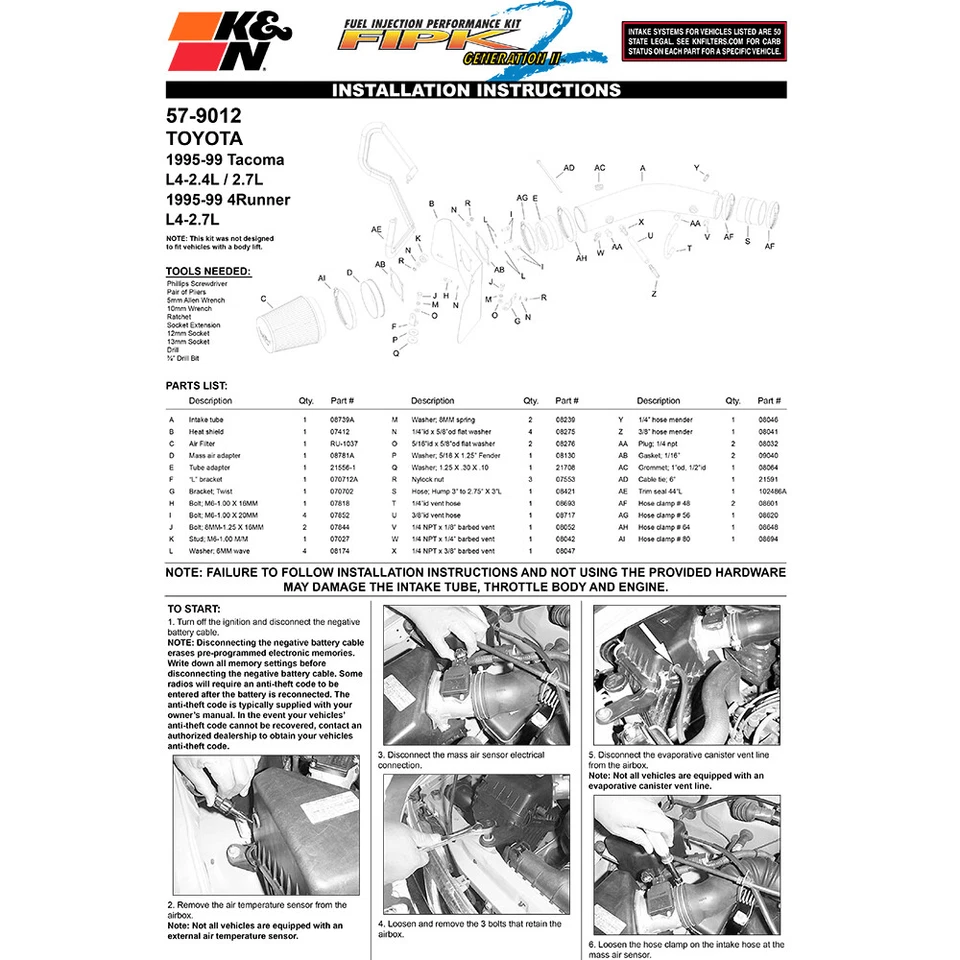 Kit de admisión de aire frío K&N 57-9012 para 95-99 Tacoma 2,4 L 2,7 L / 96-99 4Runner 2,7 L Foto 4 de 4