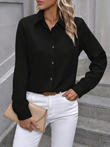 Women Solid Long Sleeve V-Neck Tops Ladies Casual Button Down T-Shirt Blouse US - Picture 18 of 22
