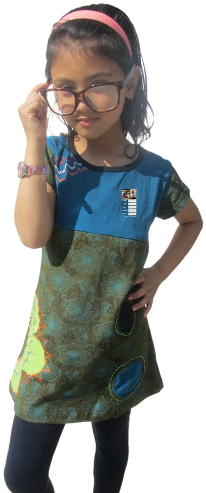Clair Coton Manches Courtes Enfants Decolleté Filles Été Floral Hippie Boho Robe - Photo 4/4