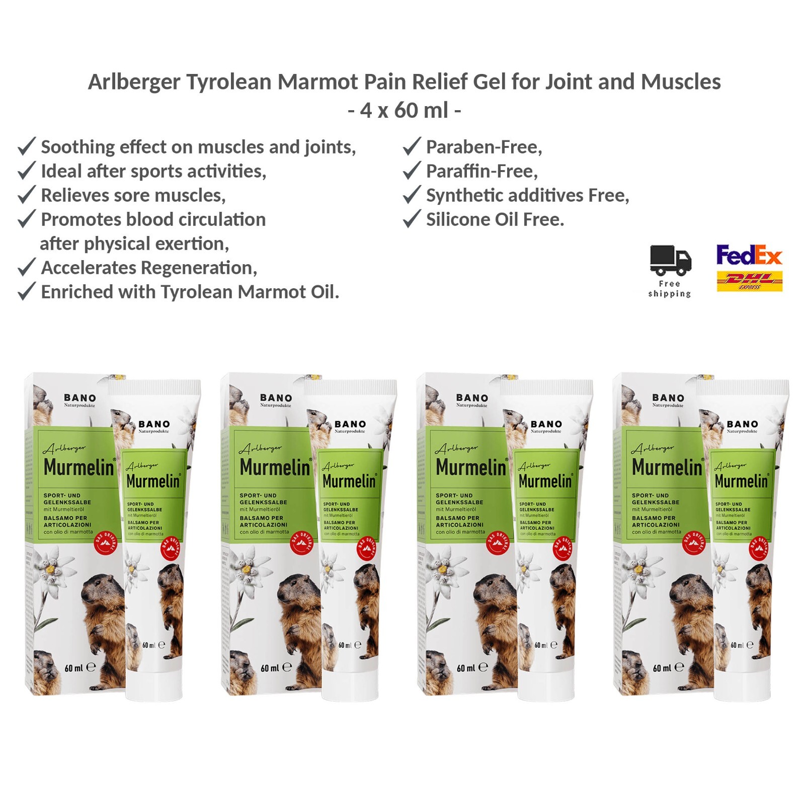 Bano Arlberger Sportgel mit Murmeltieröl für Gelenk- und Muskelschmerzen 4x60ml