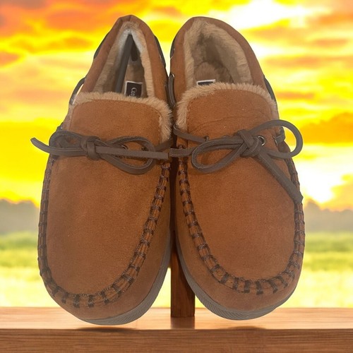 Tan Moccasin Slippers Mens Indoor Outdoor Fleece Lined Small Cozy Winter Lounge