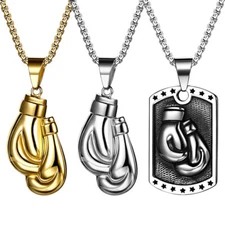 Mens Double Boxing Glove Necklace Stainless Steel Pendant Charm Chain 24"
