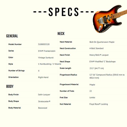 EVH Limited Edition Frankenstein Relic Series Vintage Sunburst Electric Guitar - Picture 6 of 7