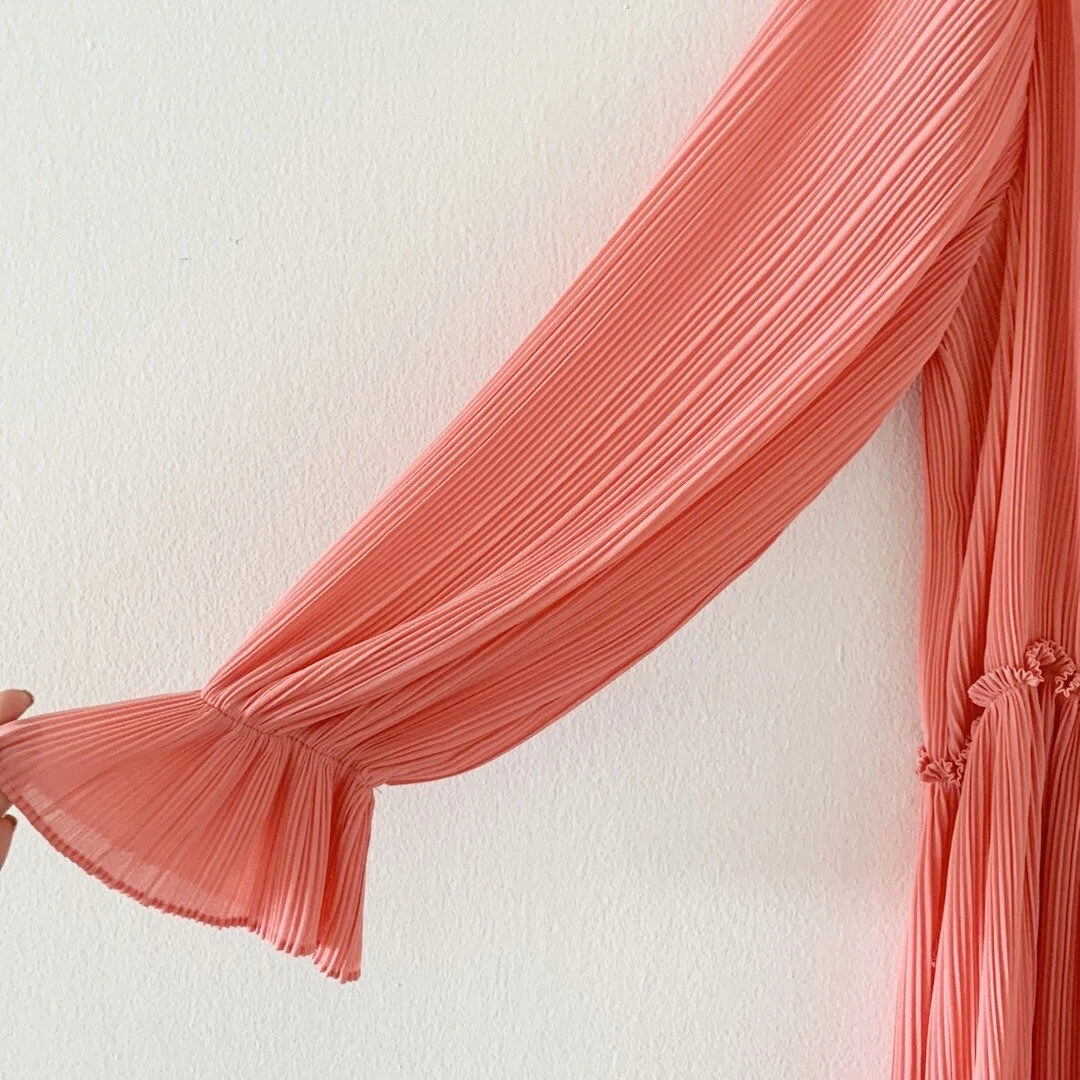 PALM ANGELS MISA Los Angeles Azmina mini abito rosa plissettato boho manica lunga blusa XS $462