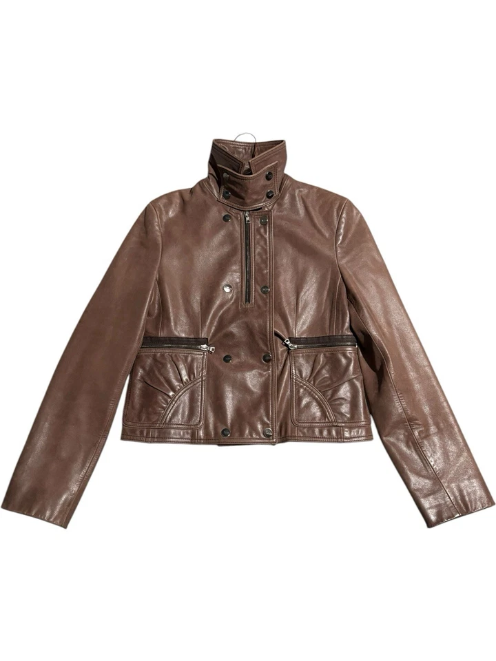 Vintage Max Azria Collection Runway Leather Jacket Biker Aviator Zip Brown Y2k - Image 2 of 4