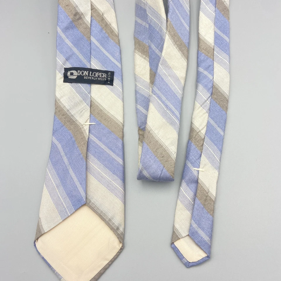 Vintage 1950’s Mens Don Loper Tie Diagonal Stripe Pattern Silk Blend Beige Blue - Image 2 of 4