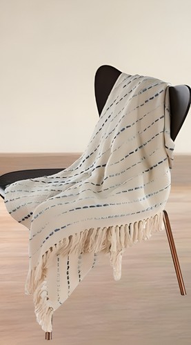 50" X 60" Cream Kantha Cotton Striped Throw Blanket with Embroidery - Picture 2 of 6