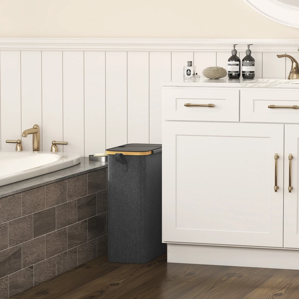 Lifewit Cesta de Lavandería Delgada con Tapa, Cesta de Lavandería Estrecha con Asas de Bambú Foto 2 de 4