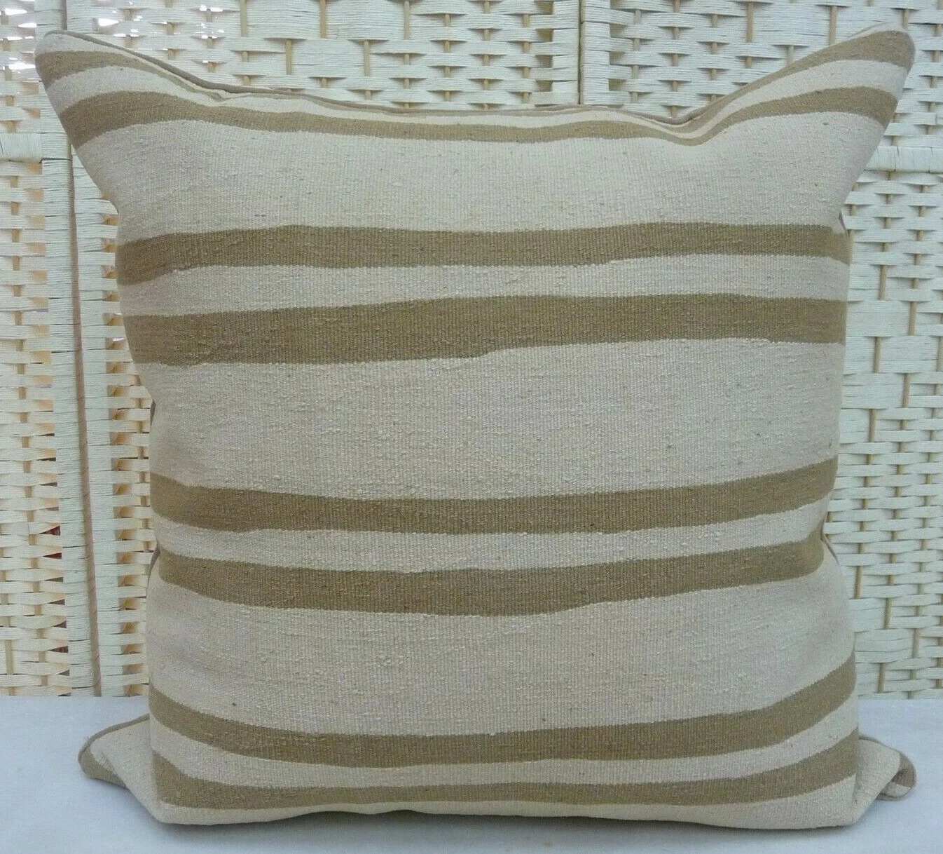 Wool Kilim Throw Pillow Cover Green & Beige Stripe Design Kelim Cushion 24x24