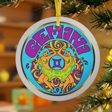 Gemini Zodiac Sign Glass Christmas Tree Ornament Retro Inspired Zodiac Design