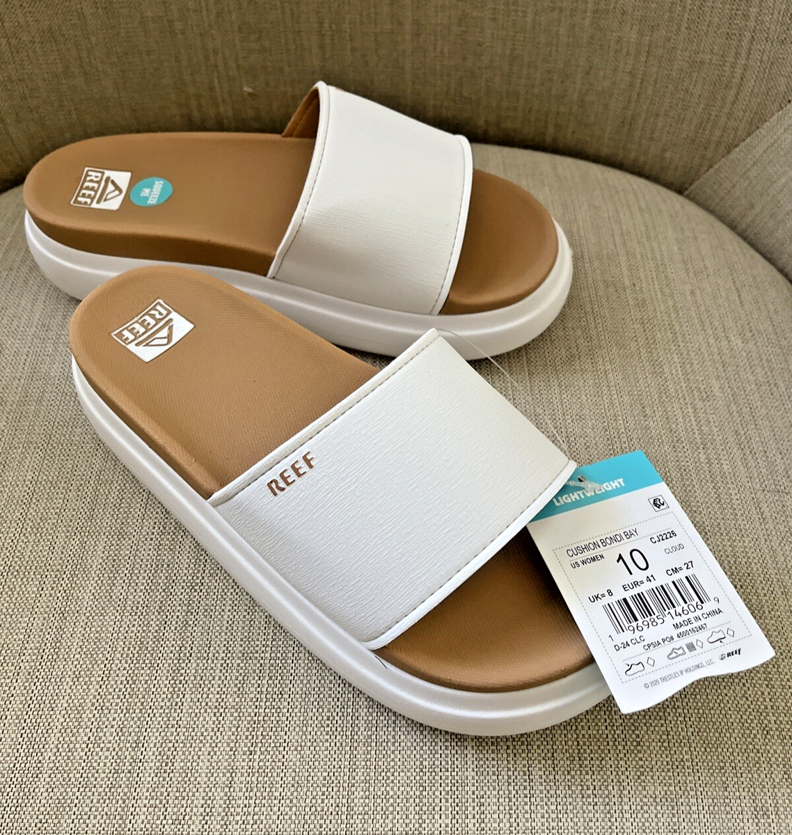 REEF Cushion Bondi Bay White Platform Slip On Slide Sandals Womens Size 10  Shoes