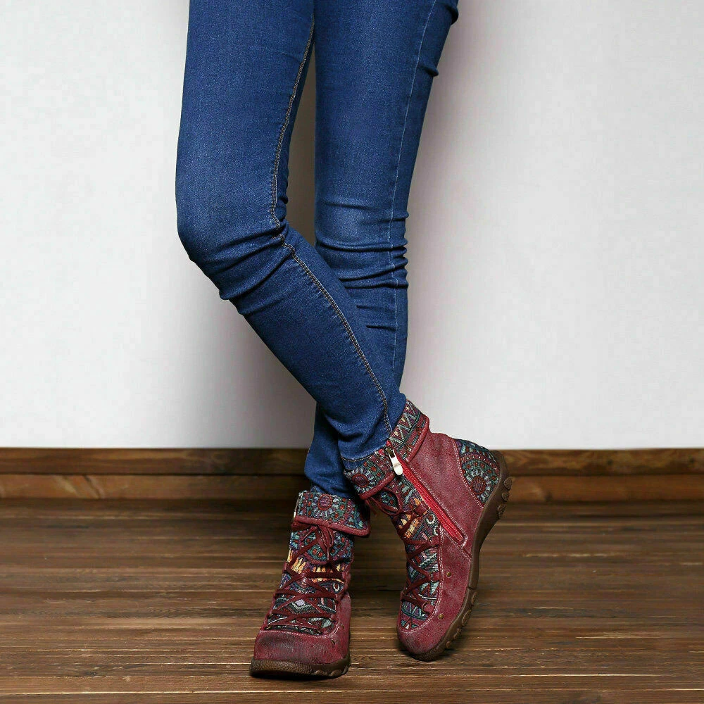Handmade bohemian comfy genuine leather splicing jacquard lace up zipper flat ankle shop boots