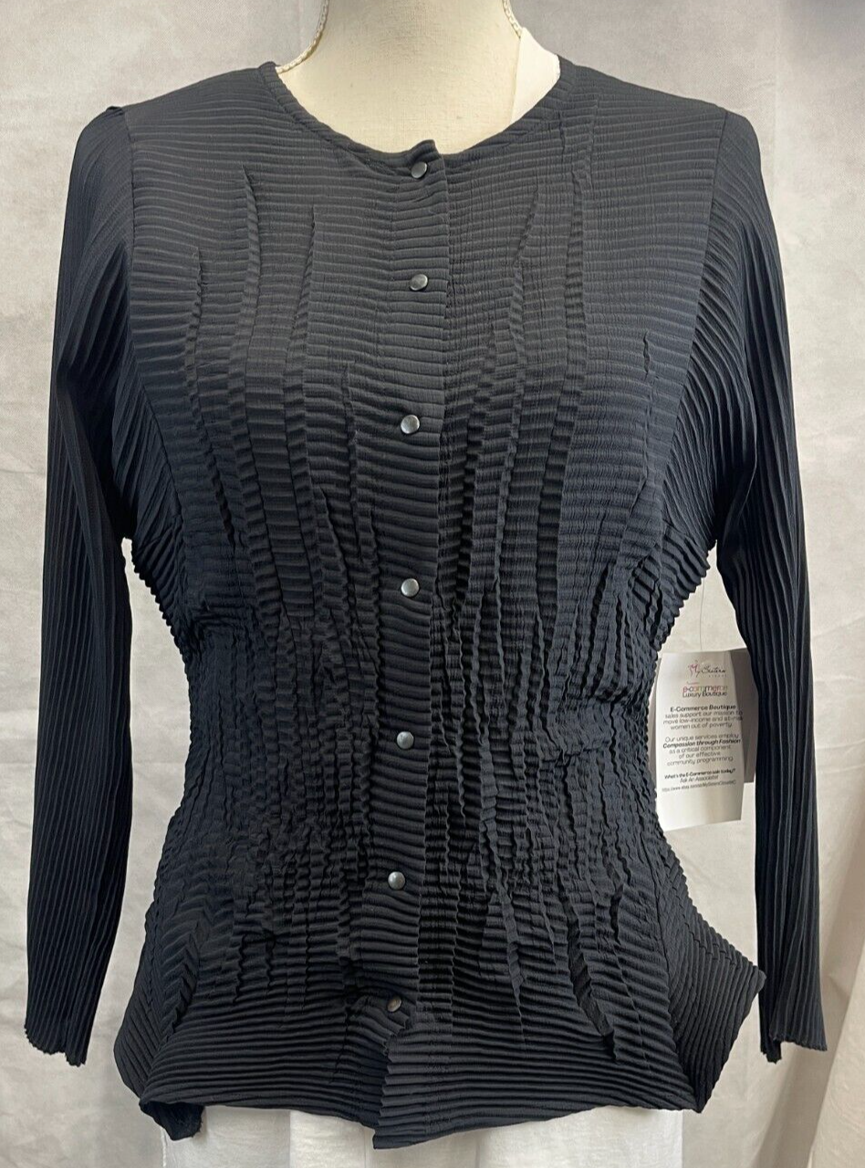 Black Polyester Babette Blouse with 7-Button Cinch Waist Crinkle Cut Size S