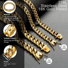 Mens Miami Cuban Link Chain 18k Gold Plated Stainless Steel Necklace 14mm