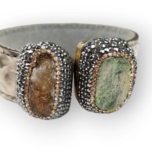 Druzy Crystal Snakeskin Cuff Bracelet Natural Geode Slice 925 Sterling Vermeil - Picture 2 of 12