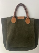 Vintage G.H. Bass Co. Green Suede Tote Bag Brown Leather Double Handles