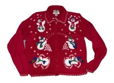 VTG Tiara Sz Large Red Christmas Zip Up Sweater Cardigan Snowmen Ugly Snowball