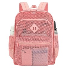 Large Pink Mesh Backpack Heavy Duty See Through College Bag Work Beach Sports