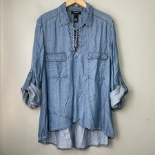 Karen Kane Denim Shirt Size XL Blue Chambray Tencel Lace Up Renaissance Popover